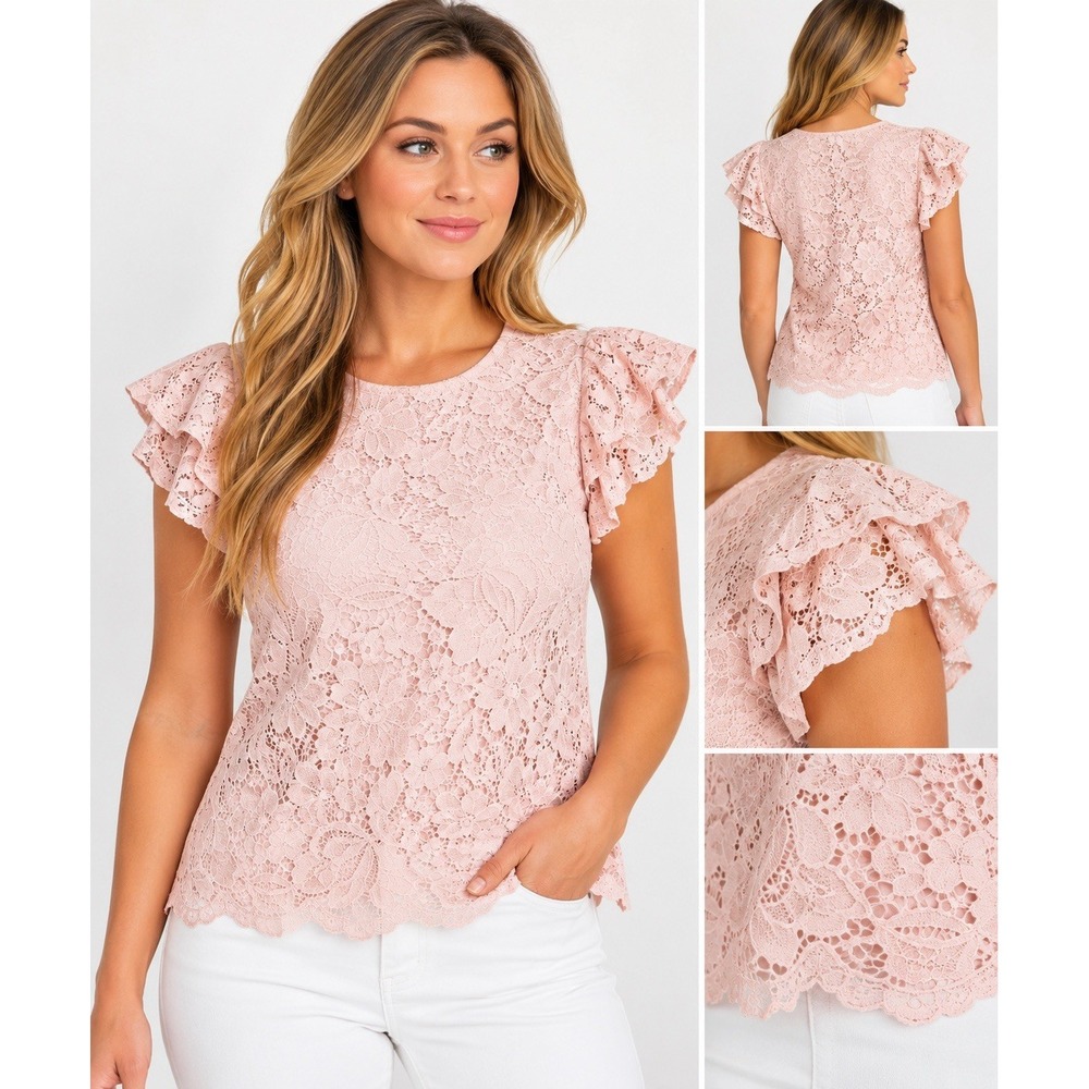 Adrianna Papell Women’s Lace Top Large Pale Blush Puff Sleeve NWT $79